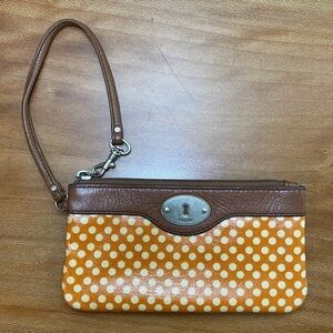 FOSSIL Key Per Zipped Wristlet Wallet Clutch Brown Orange White Dot Vintage